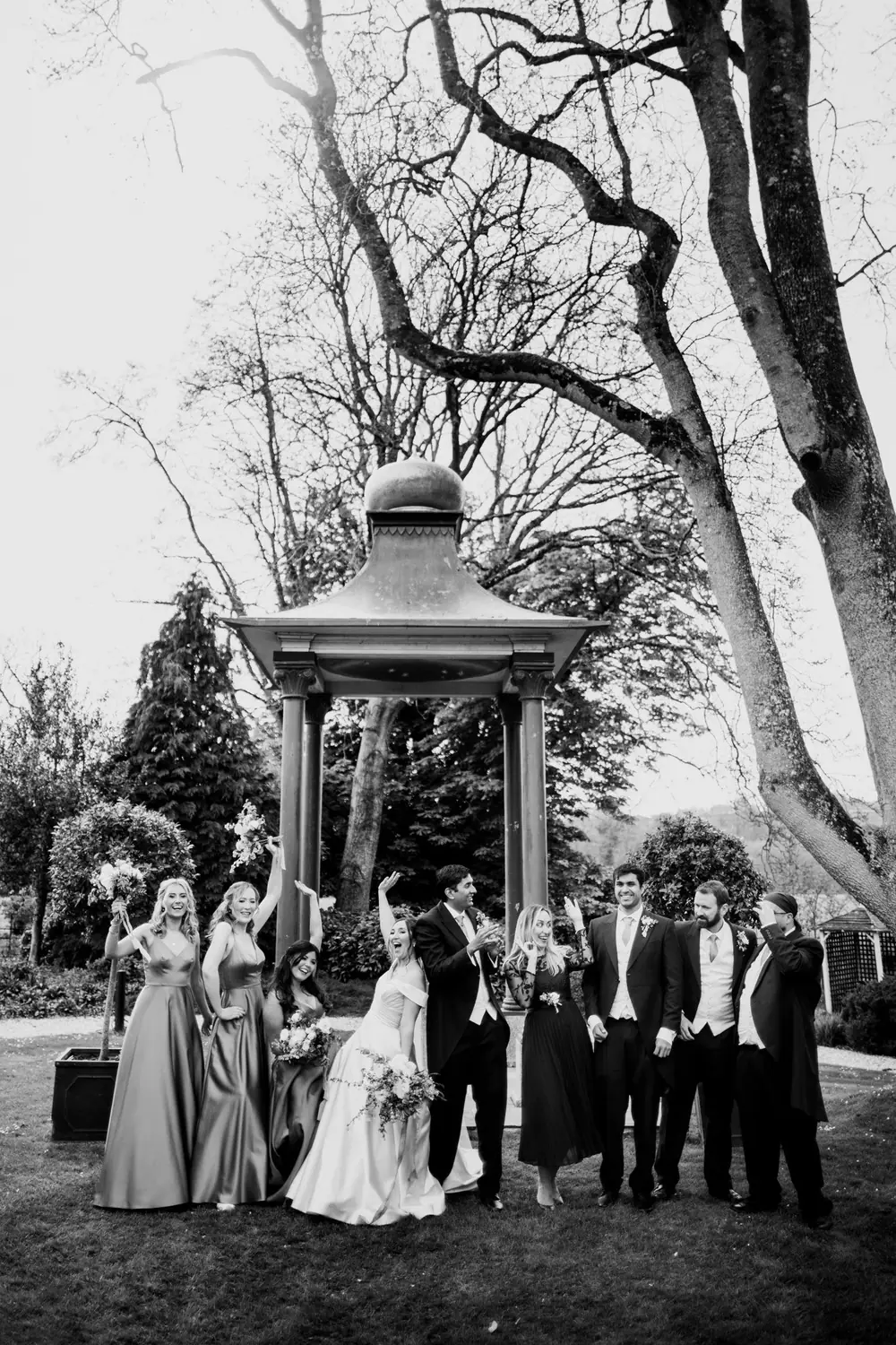 A wedding party at the Pergoda, in black and white